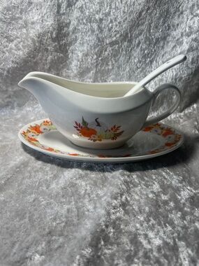 Amazon White Ceramic Gravy Boat with Autumn Pumpkin Motif and Spoon